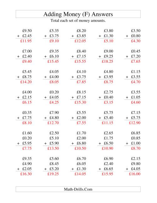 The Adding British Money to £10 -- Increments of 5 Pence (F) Math Worksheet Page 2