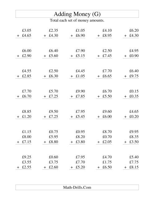 The Adding British Money to £10 -- Increments of 5 Pence (G) Math Worksheet