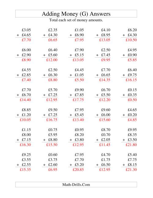 The Adding British Money to £10 -- Increments of 5 Pence (G) Math Worksheet Page 2