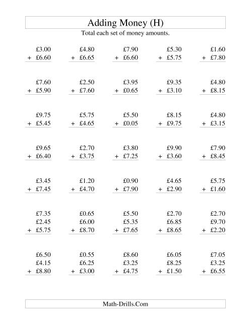 The Adding British Money to £10 -- Increments of 5 Pence (H) Math Worksheet