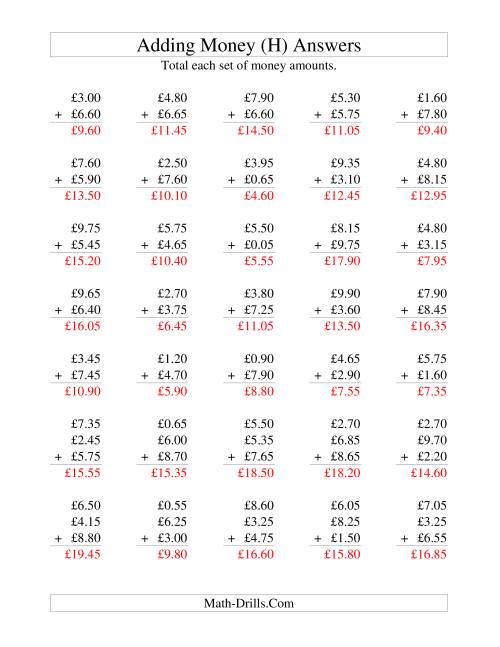 The Adding British Money to £10 -- Increments of 5 Pence (H) Math Worksheet Page 2