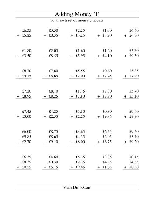 The Adding British Money to £10 -- Increments of 5 Pence (I) Math Worksheet