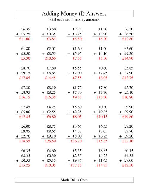 The Adding British Money to £10 -- Increments of 5 Pence (I) Math Worksheet Page 2