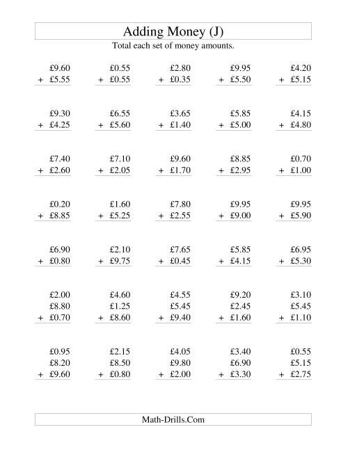 The Adding British Money to £10 -- Increments of 5 Pence (J) Math Worksheet
