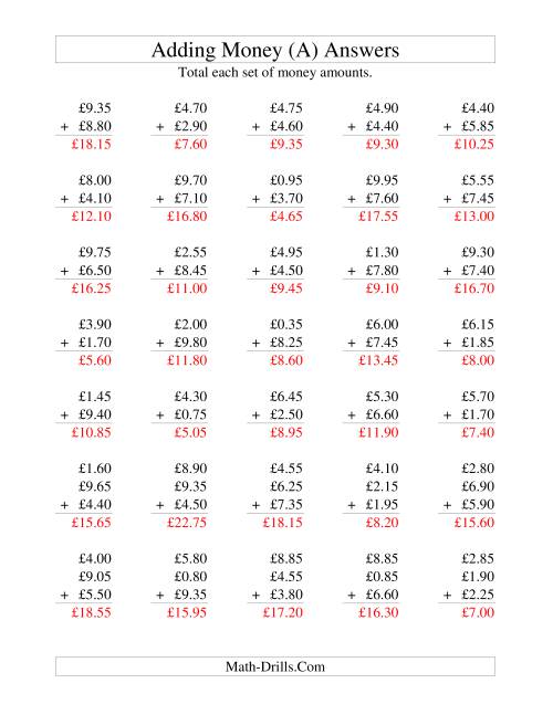 The Adding British Money to £10 -- Increments of 5 Pence (All) Math Worksheet Page 2
