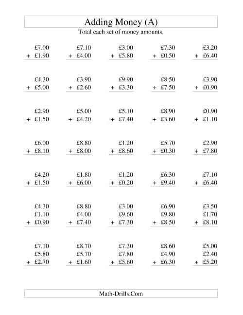 The Adding British Money to £10 -- Increments of 10 Pence (A) Math Worksheet