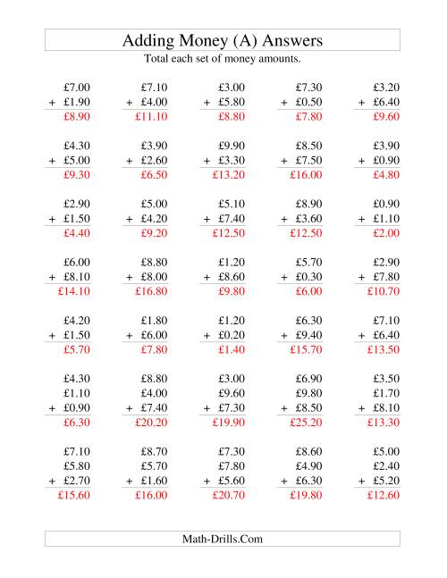 The Adding British Money to £10 -- Increments of 10 Pence (A) Math Worksheet Page 2