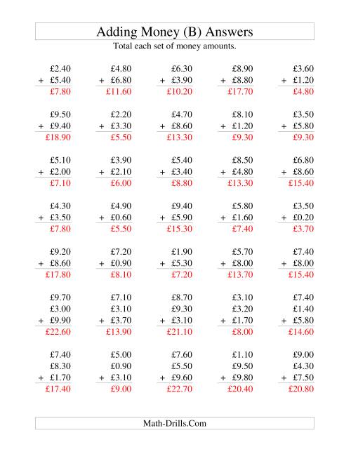The Adding British Money to £10 -- Increments of 10 Pence (B) Math Worksheet Page 2