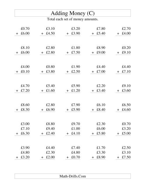 The Adding British Money to £10 -- Increments of 10 Pence (C) Math Worksheet