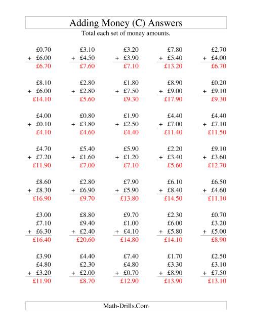 The Adding British Money to £10 -- Increments of 10 Pence (C) Math Worksheet Page 2
