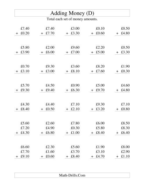 The Adding British Money to £10 -- Increments of 10 Pence (D) Math Worksheet
