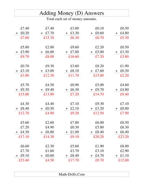 The Adding British Money to £10 -- Increments of 10 Pence (D) Math Worksheet Page 2