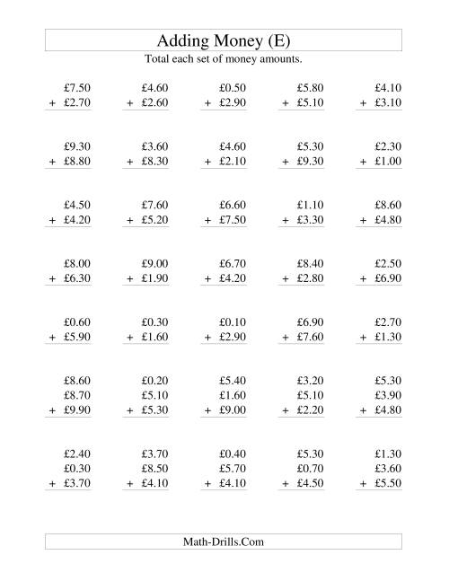 The Adding British Money to £10 -- Increments of 10 Pence (E) Math Worksheet