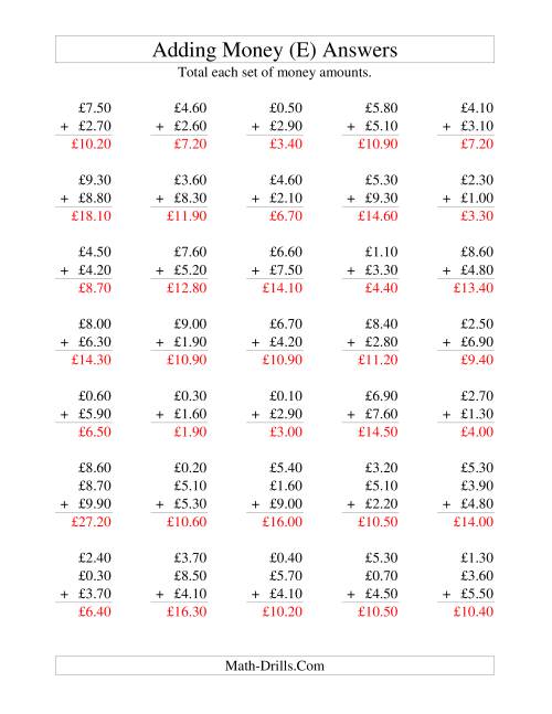 The Adding British Money to £10 -- Increments of 10 Pence (E) Math Worksheet Page 2