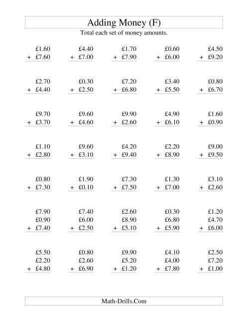 The Adding British Money to £10 -- Increments of 10 Pence (F) Math Worksheet