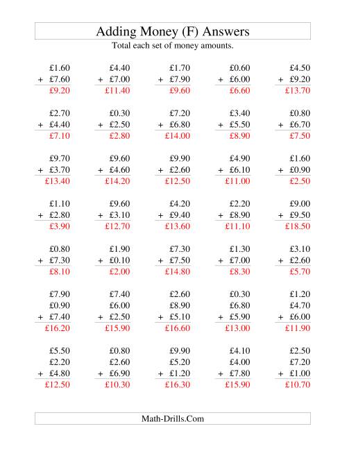 The Adding British Money to £10 -- Increments of 10 Pence (F) Math Worksheet Page 2