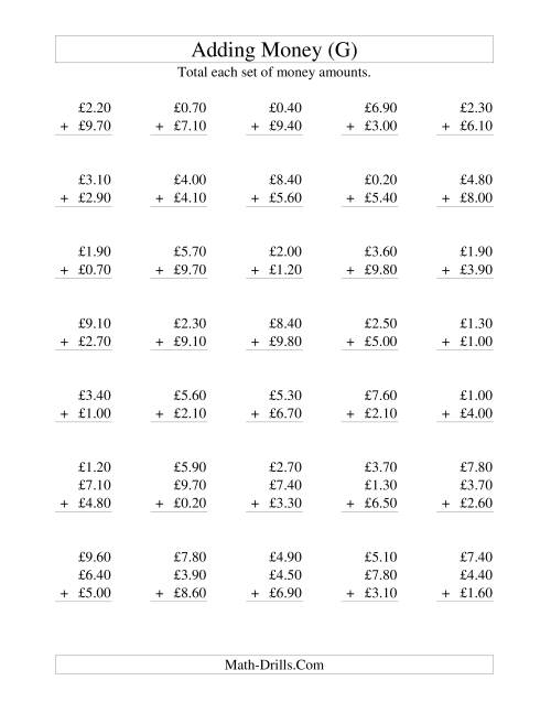 The Adding British Money to £10 -- Increments of 10 Pence (G) Math Worksheet
