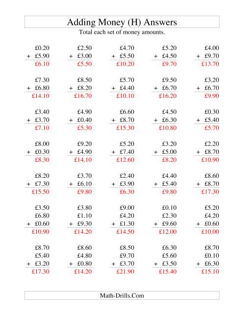 The Adding British Money to £10 -- Increments of 10 Pence (H) Math Worksheet Page 2