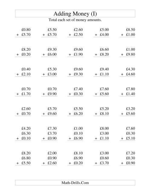 The Adding British Money to £10 -- Increments of 10 Pence (I) Math Worksheet