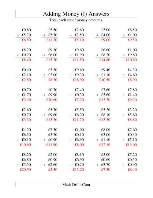 The Adding British Money to £10 -- Increments of 10 Pence (I) Math Worksheet Page 2