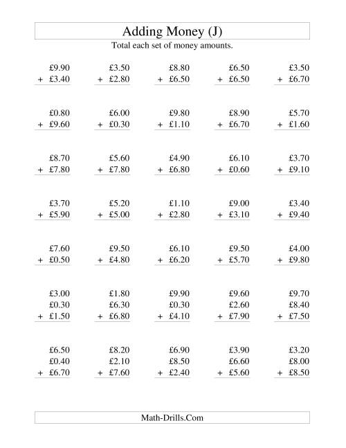 The Adding British Money to £10 -- Increments of 10 Pence (J) Math Worksheet