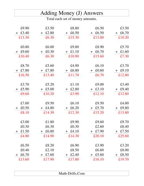 The Adding British Money to £10 -- Increments of 10 Pence (J) Math Worksheet Page 2