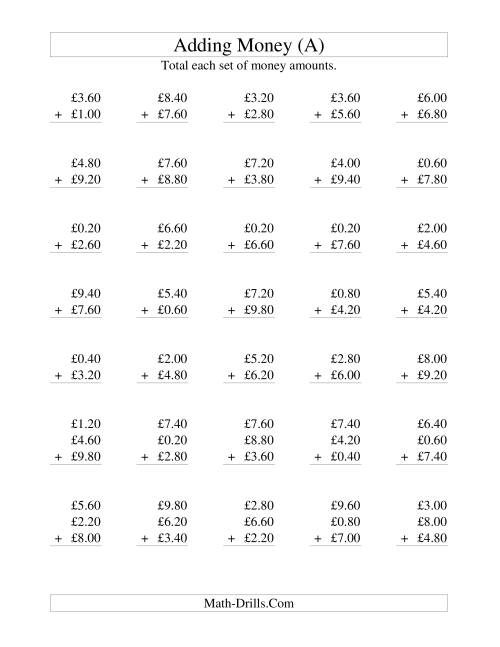 The Adding British Money to £10 -- Increments of 20 Pence (A) Math Worksheet