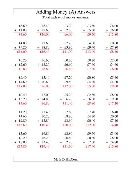 The Adding British Money to £10 -- Increments of 20 Pence (A) Math Worksheet Page 2