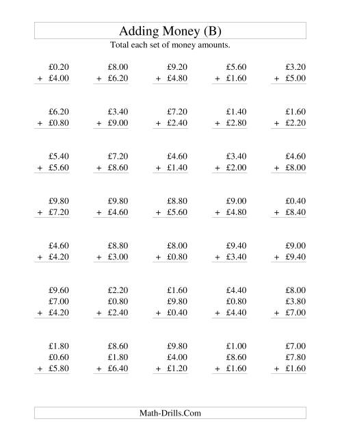 The Adding British Money to £10 -- Increments of 20 Pence (B) Math Worksheet