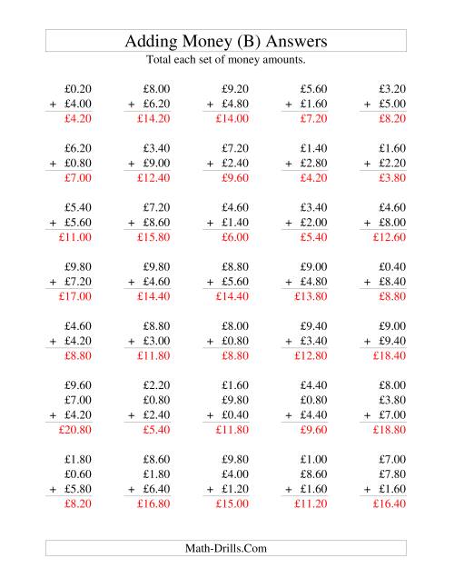 The Adding British Money to £10 -- Increments of 20 Pence (B) Math Worksheet Page 2
