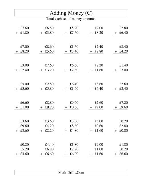 The Adding British Money to £10 -- Increments of 20 Pence (C) Math Worksheet