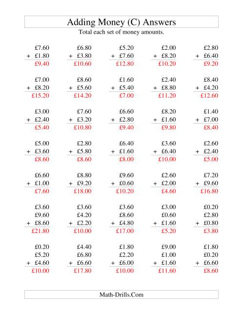 The Adding British Money to £10 -- Increments of 20 Pence (C) Math Worksheet Page 2