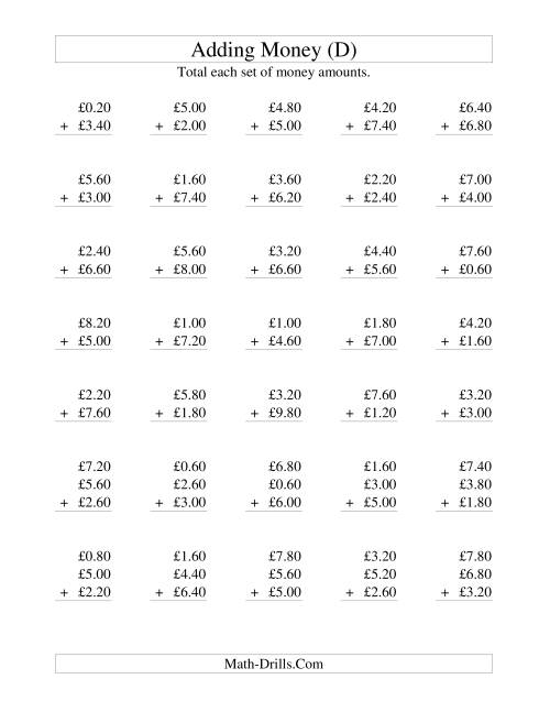 The Adding British Money to £10 -- Increments of 20 Pence (D) Math Worksheet