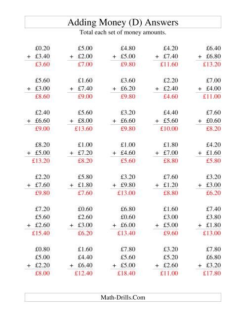 The Adding British Money to £10 -- Increments of 20 Pence (D) Math Worksheet Page 2