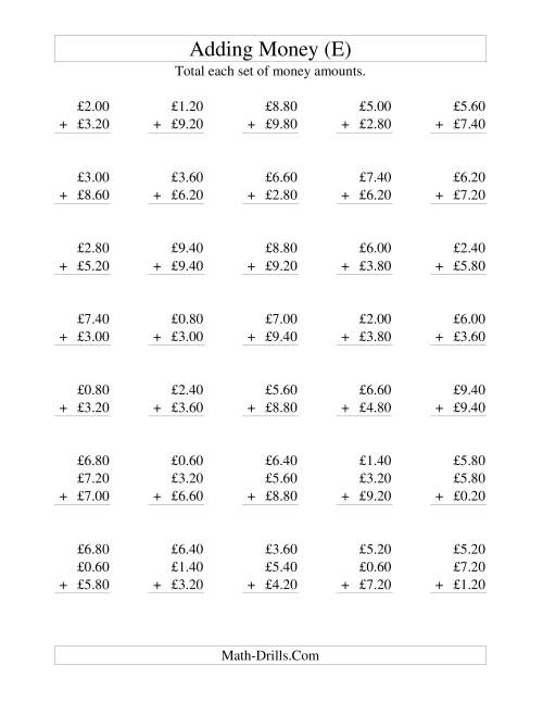 The Adding British Money to £10 -- Increments of 20 Pence (E) Math Worksheet