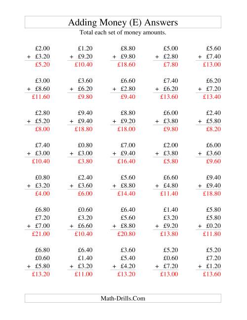 The Adding British Money to £10 -- Increments of 20 Pence (E) Math Worksheet Page 2