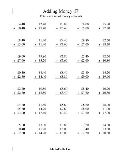 The Adding British Money to £10 -- Increments of 20 Pence (F) Math Worksheet