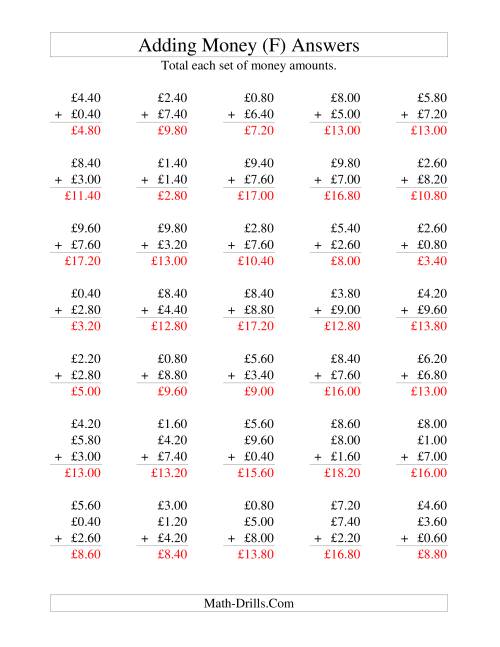 The Adding British Money to £10 -- Increments of 20 Pence (F) Math Worksheet Page 2