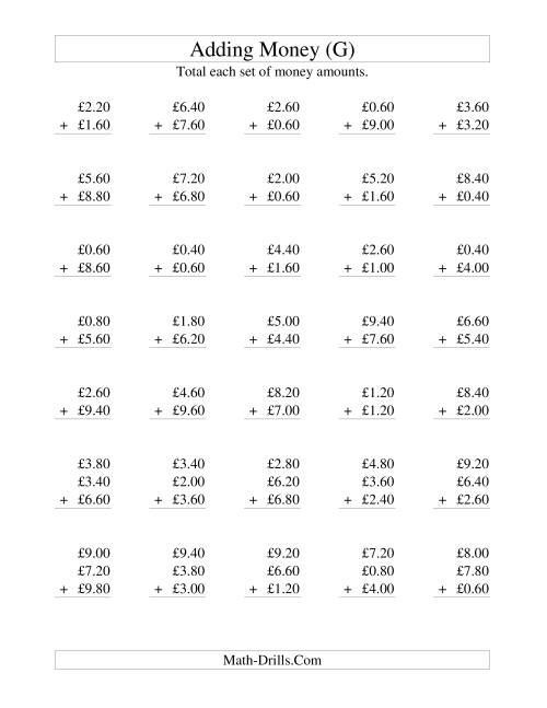 The Adding British Money to £10 -- Increments of 20 Pence (G) Math Worksheet