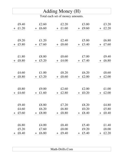 The Adding British Money to £10 -- Increments of 20 Pence (H) Math Worksheet