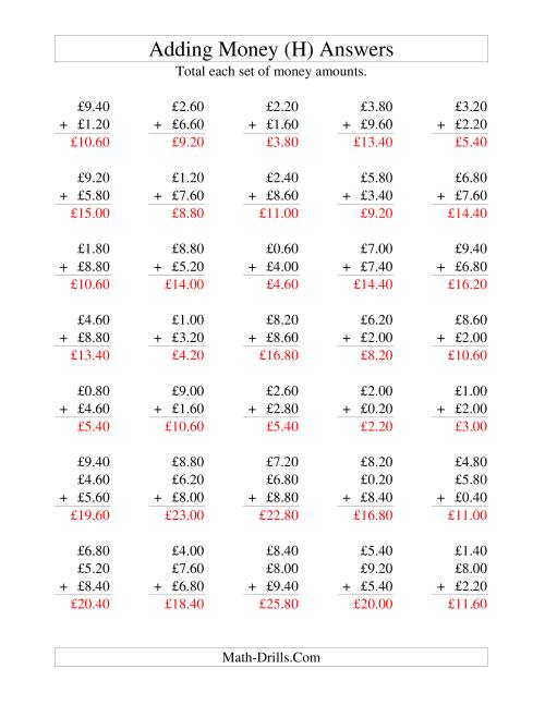 The Adding British Money to £10 -- Increments of 20 Pence (H) Math Worksheet Page 2
