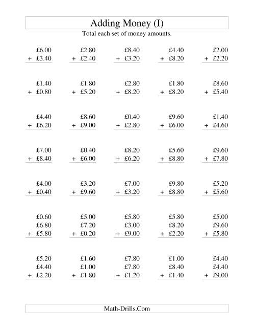 The Adding British Money to £10 -- Increments of 20 Pence (I) Math Worksheet