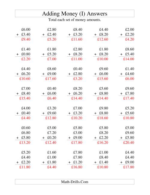 The Adding British Money to £10 -- Increments of 20 Pence (I) Math Worksheet Page 2