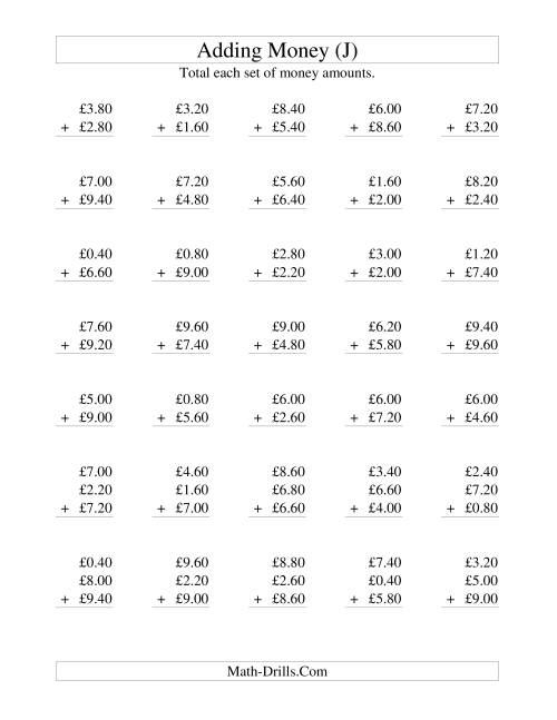 The Adding British Money to £10 -- Increments of 20 Pence (J) Math Worksheet