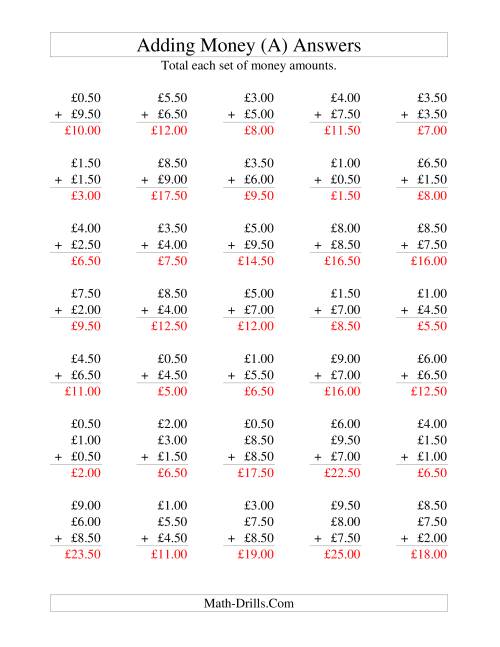 The Adding British Money to £10 -- Increments of 50 Pence (A) Math Worksheet Page 2