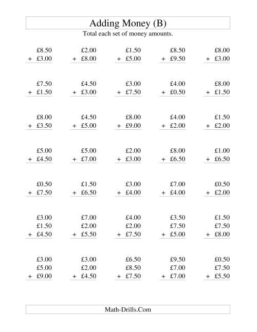 The Adding British Money to £10 -- Increments of 50 Pence (B) Math Worksheet