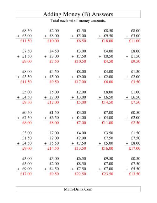 The Adding British Money to £10 -- Increments of 50 Pence (B) Math Worksheet Page 2