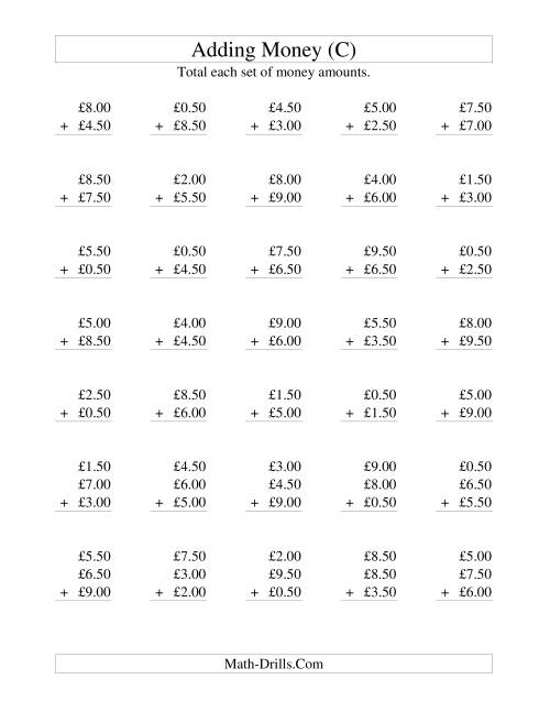 The Adding British Money to £10 -- Increments of 50 Pence (C) Math Worksheet