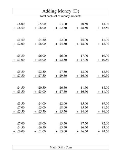 The Adding British Money to £10 -- Increments of 50 Pence (D) Math Worksheet