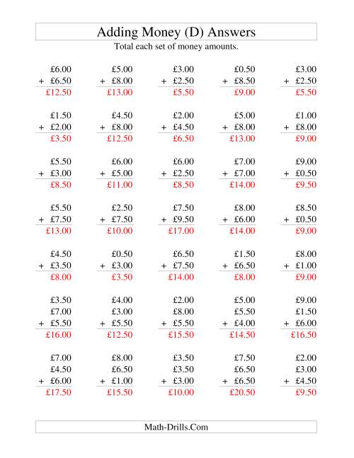 The Adding British Money to £10 -- Increments of 50 Pence (D) Math Worksheet Page 2